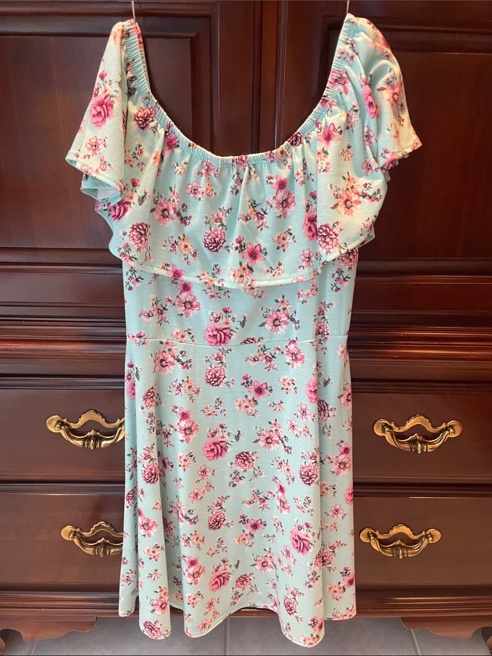 Joe Boxer Mint Green Floral Off-Shoulder Dress with Pink Roses - Picture 1 of 2